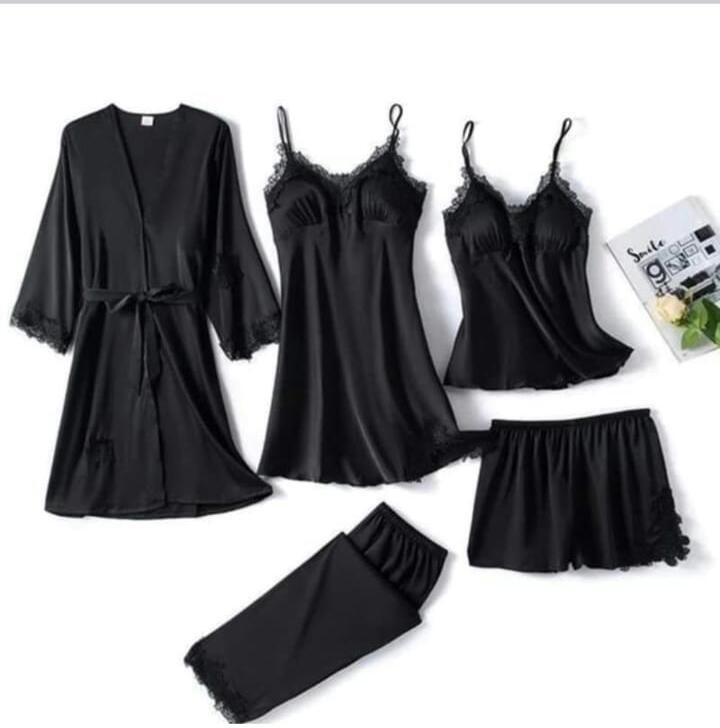 Premium Jersey Nightwear Set - Comfortable & Lightweight - 5 Pcs in Black