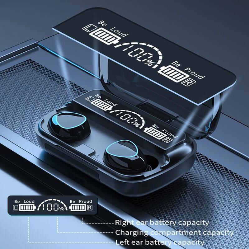 Black Earbuds with 2000mAh Power Bank & LED Display - Model 10 - 9D Hifi Sound